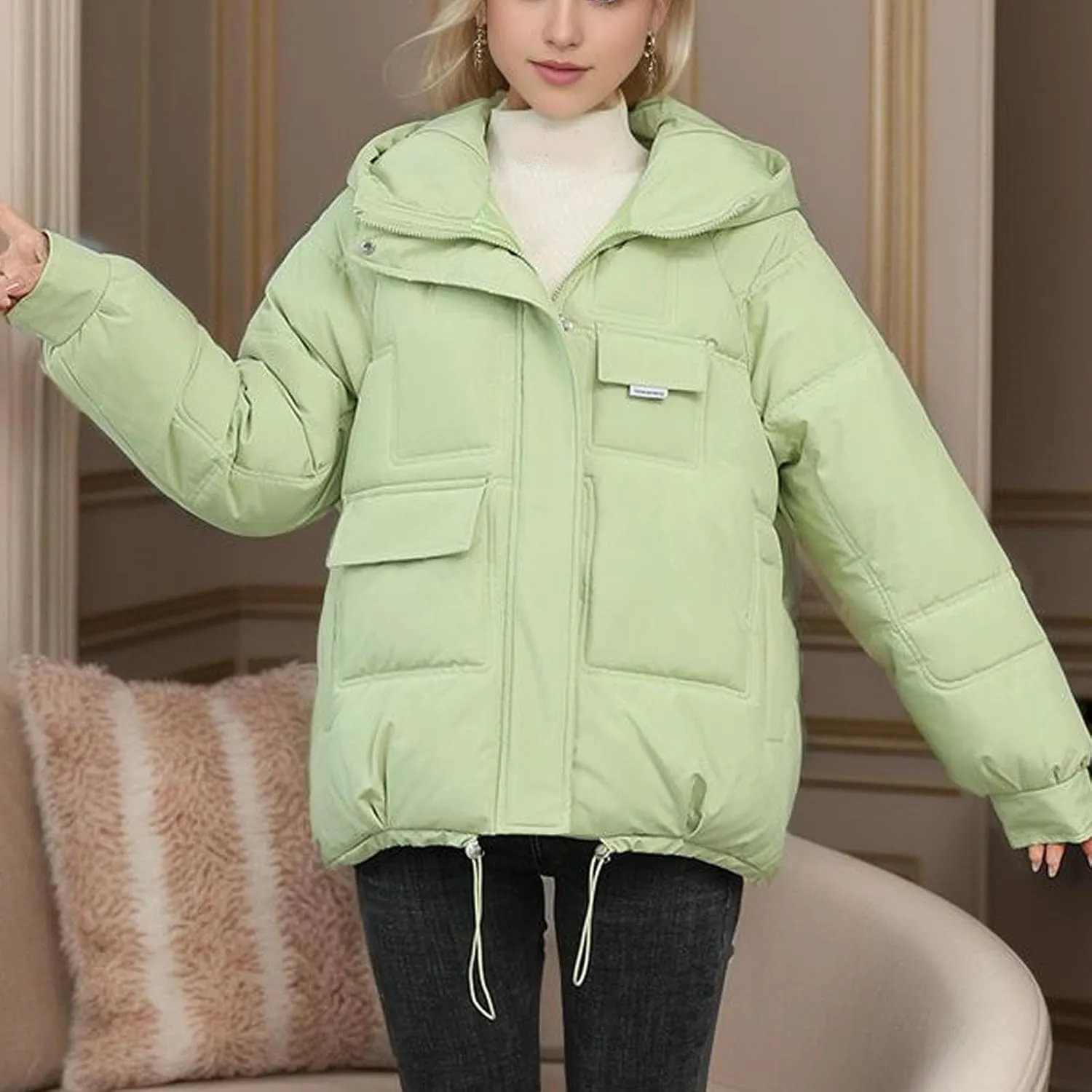 XUNRYAN Puffer Jackets Womens Baggy Winter Warm Down Coat Quilted Lightweight Cropped Jackets Outdoor Overcoat Activewear