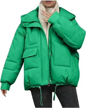 XUNRYAN Puffer Jackets Womens Baggy Winter Warm Down Coat Quilted Lightweight Cropped Jackets Outdoor Overcoat Activewear