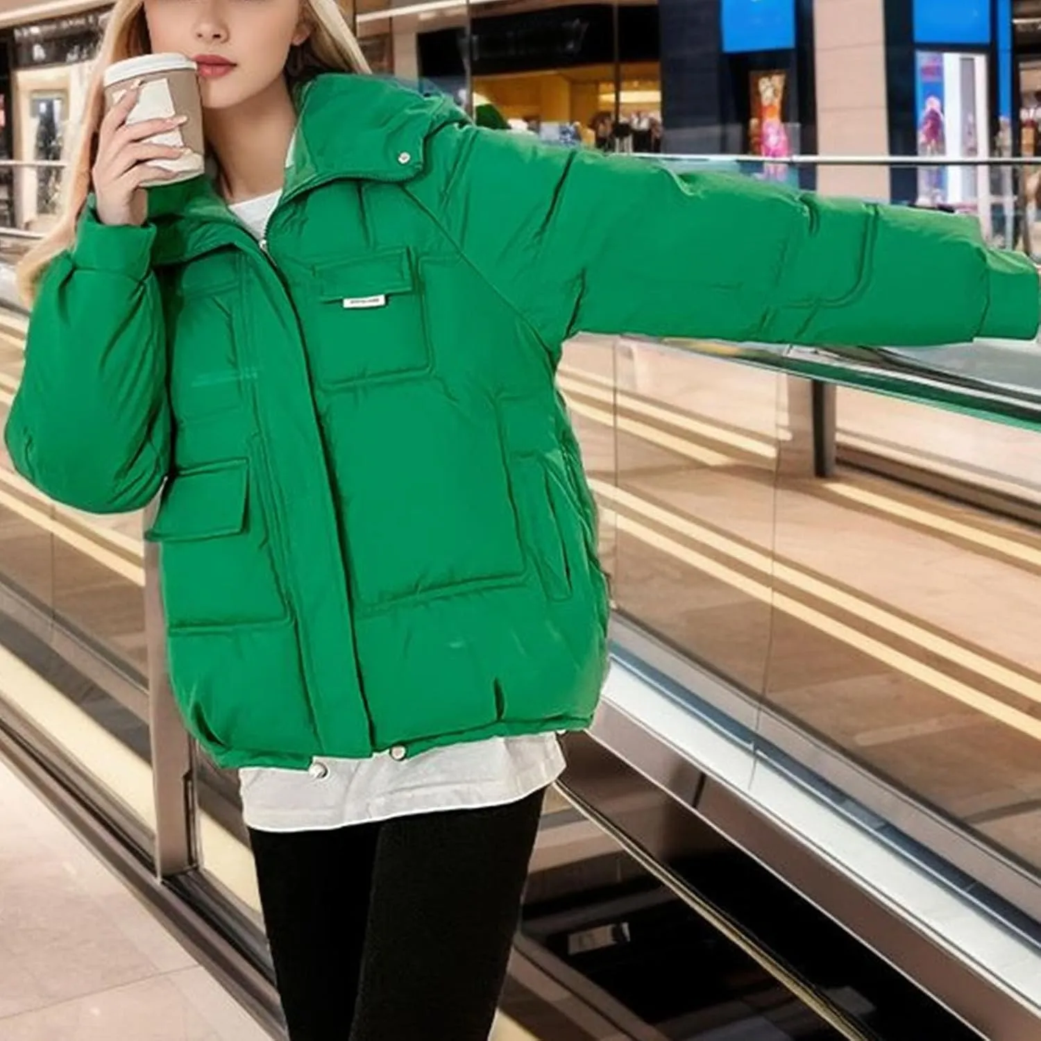 XUNRYAN Puffer Jackets Womens Baggy Winter Warm Down Coat Quilted Lightweight Cropped Jackets Outdoor Overcoat Activewear