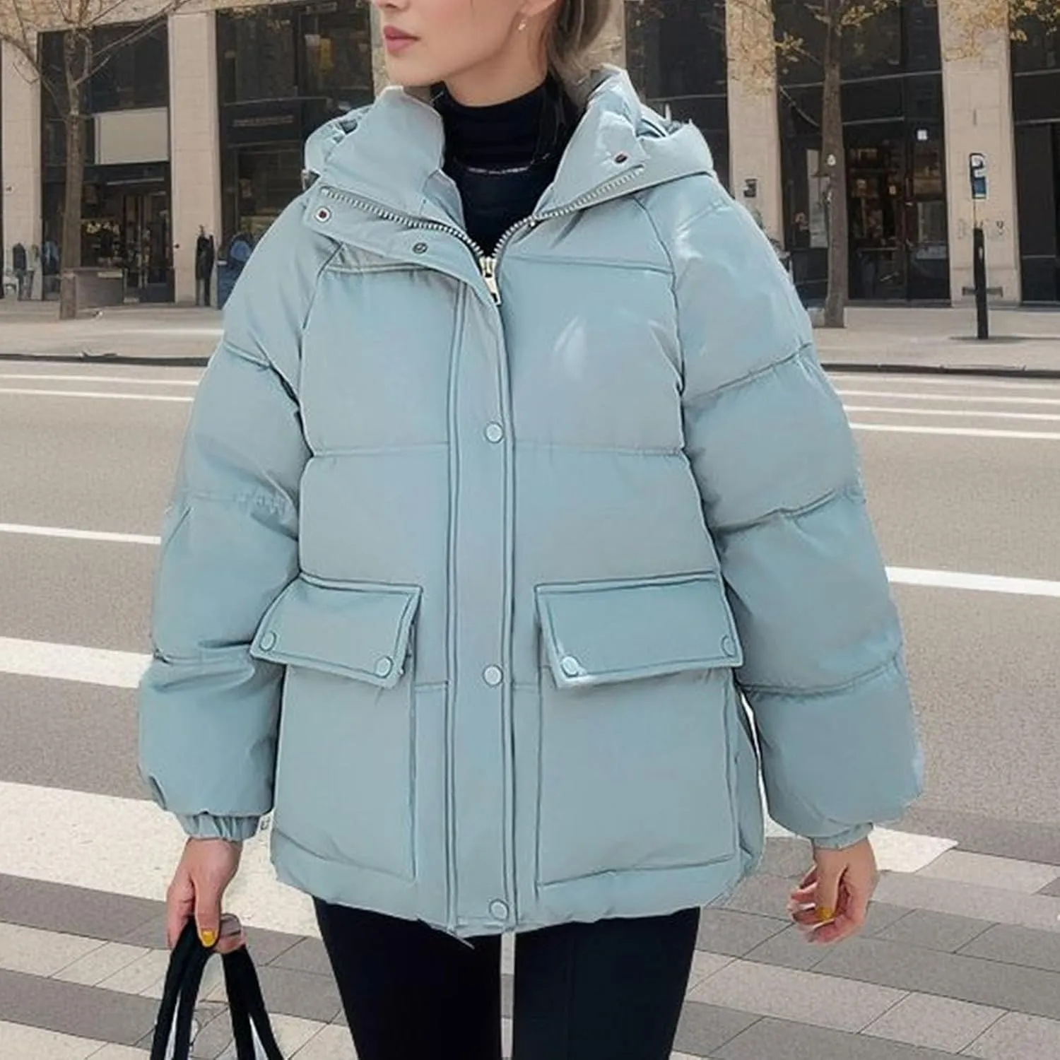 XUNRYAN Womens Winter Warm Down Coat Hooded Puffer Jackets Baggy Quilted Lightweight Cropped Jackets Overcoat Activewear