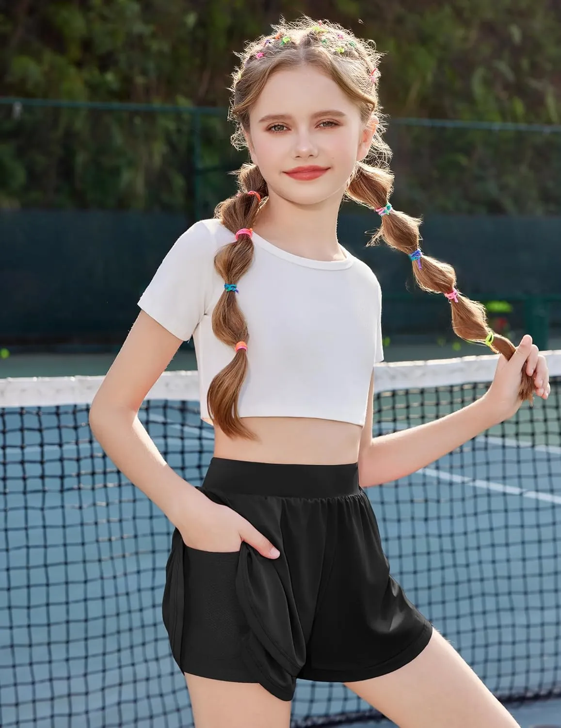 Zaclotre Girls Athletic Shorts with Pockets Crossover Triple Layered 2 in 1 Kids Sport Cheer Workout Running Shorts