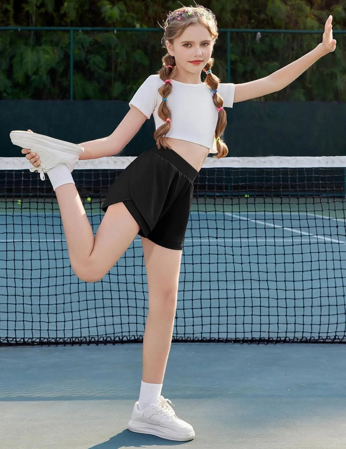 Zaclotre Girls Athletic Shorts with Pockets Crossover Triple Layered 2 in 1 Kids Sport Cheer Workout Running Shorts
