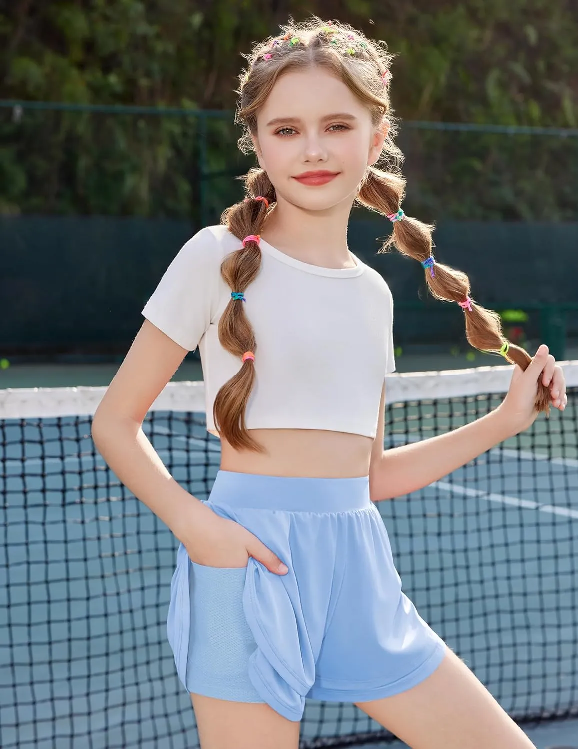 Zaclotre Girls Athletic Shorts with Pockets Crossover Triple Layered 2 in 1 Kids Sport Cheer Workout Running Shorts
