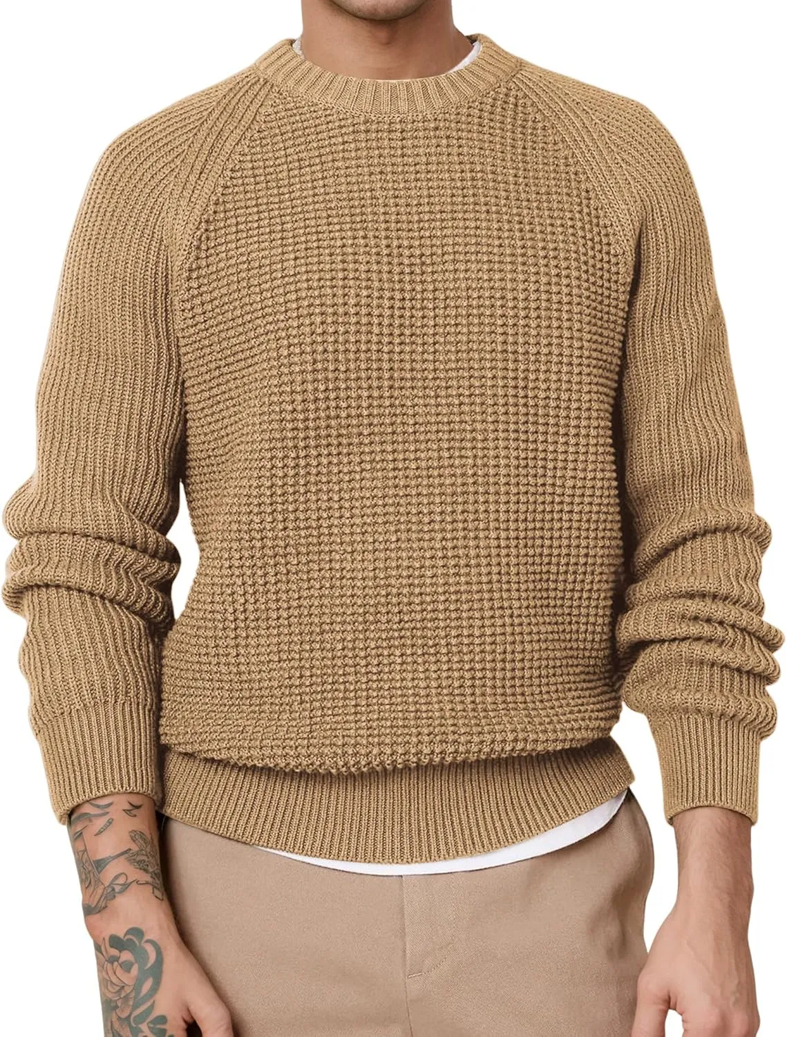 ZAFUL Men's Pullover Sweater Long Sleeve Crewneck Casual Loose Waffle Knitted Sweater
