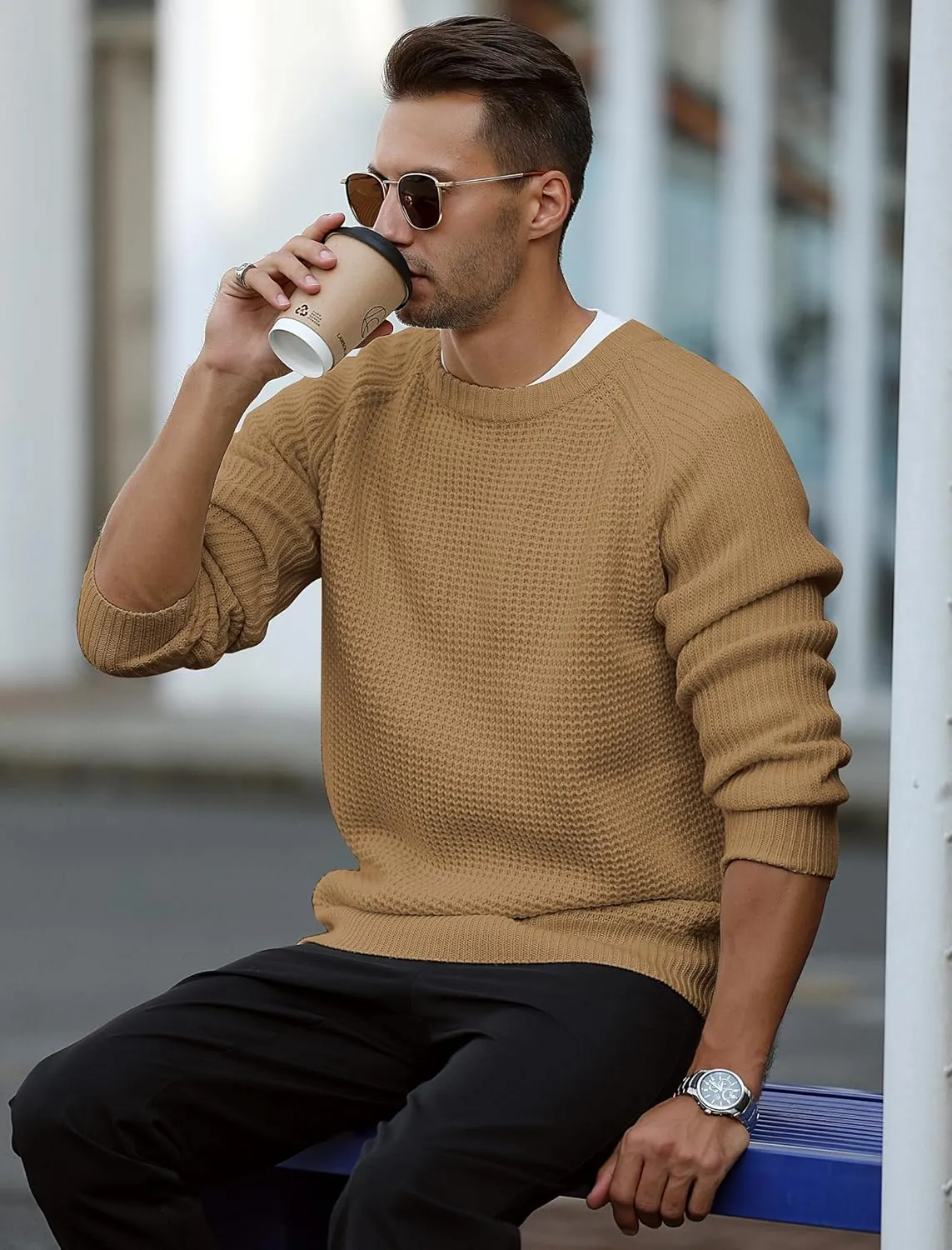 ZAFUL Men's Pullover Sweater Long Sleeve Crewneck Casual Loose Waffle Knitted Sweater