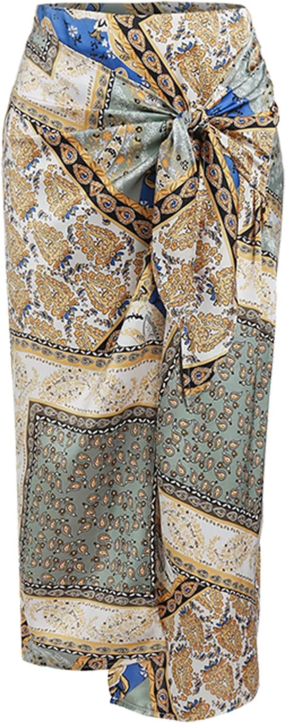 ZAFUL Women's Boho Skirt Asymmetrical Skirts Tied Floral Paisley Printed High Waist Ruched Skirts for Women