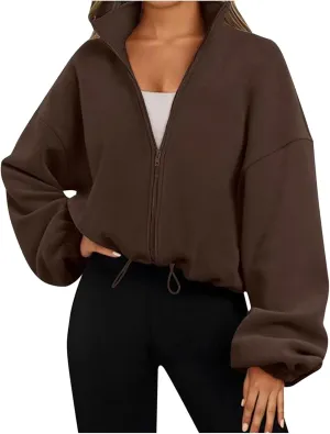 Zip Up Hoodie Women Oversized Sweatshirt Fleece Cropped Jacket Trendy Fleece Jacket Workout Coat Women Jacket