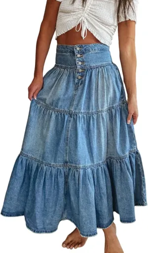 ZOCAVIA Women's Denim Maxi Skirts Elastic High Waist Button Down Jean Skirt Pleated Tiered A-Line Long Skirts Western Skirts