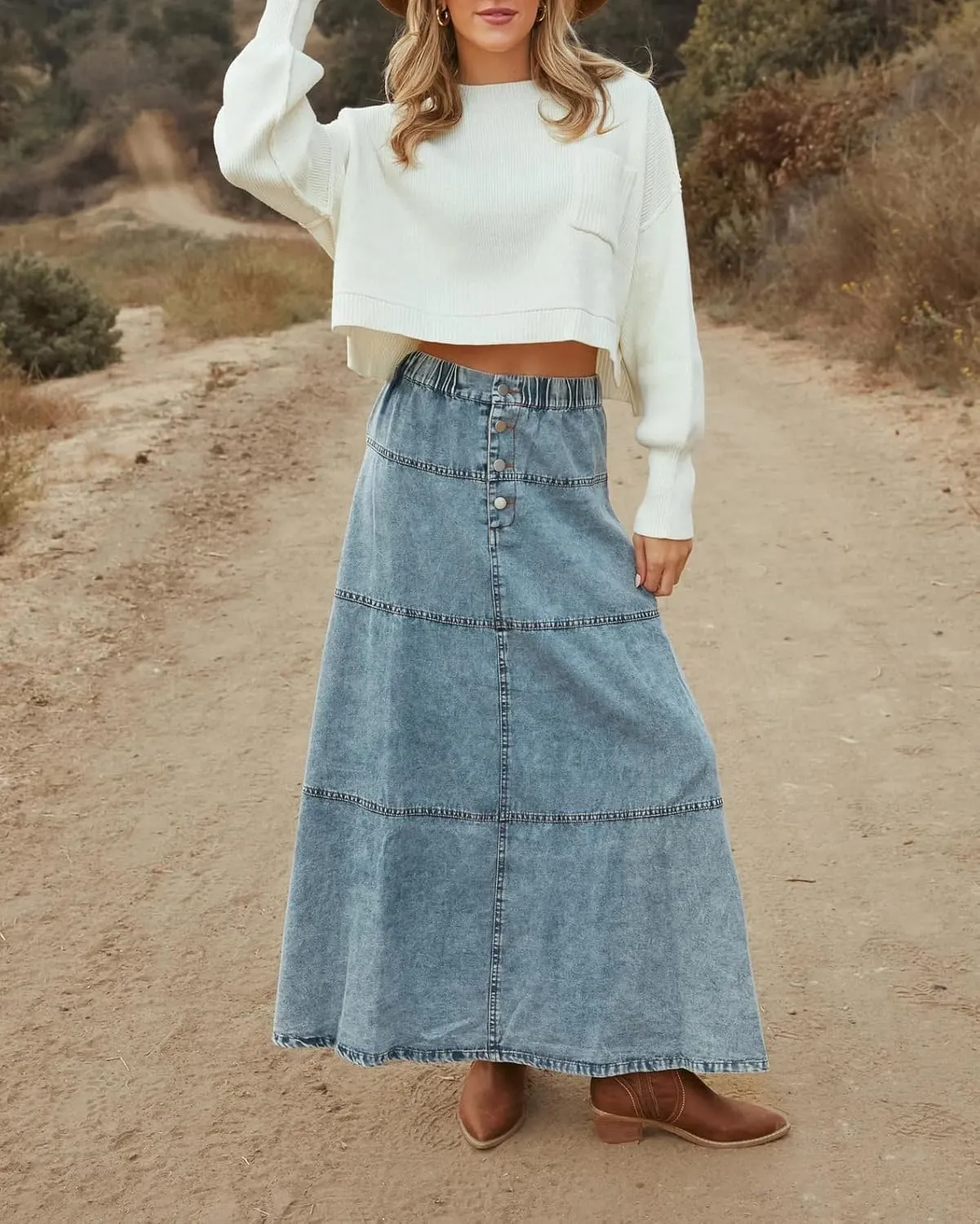 ZOCAVIA Women's Denim Maxi Skirts Elastic High Waist Button Down Jean Skirt Pleated Tiered A-Line Long Skirts Western Skirts