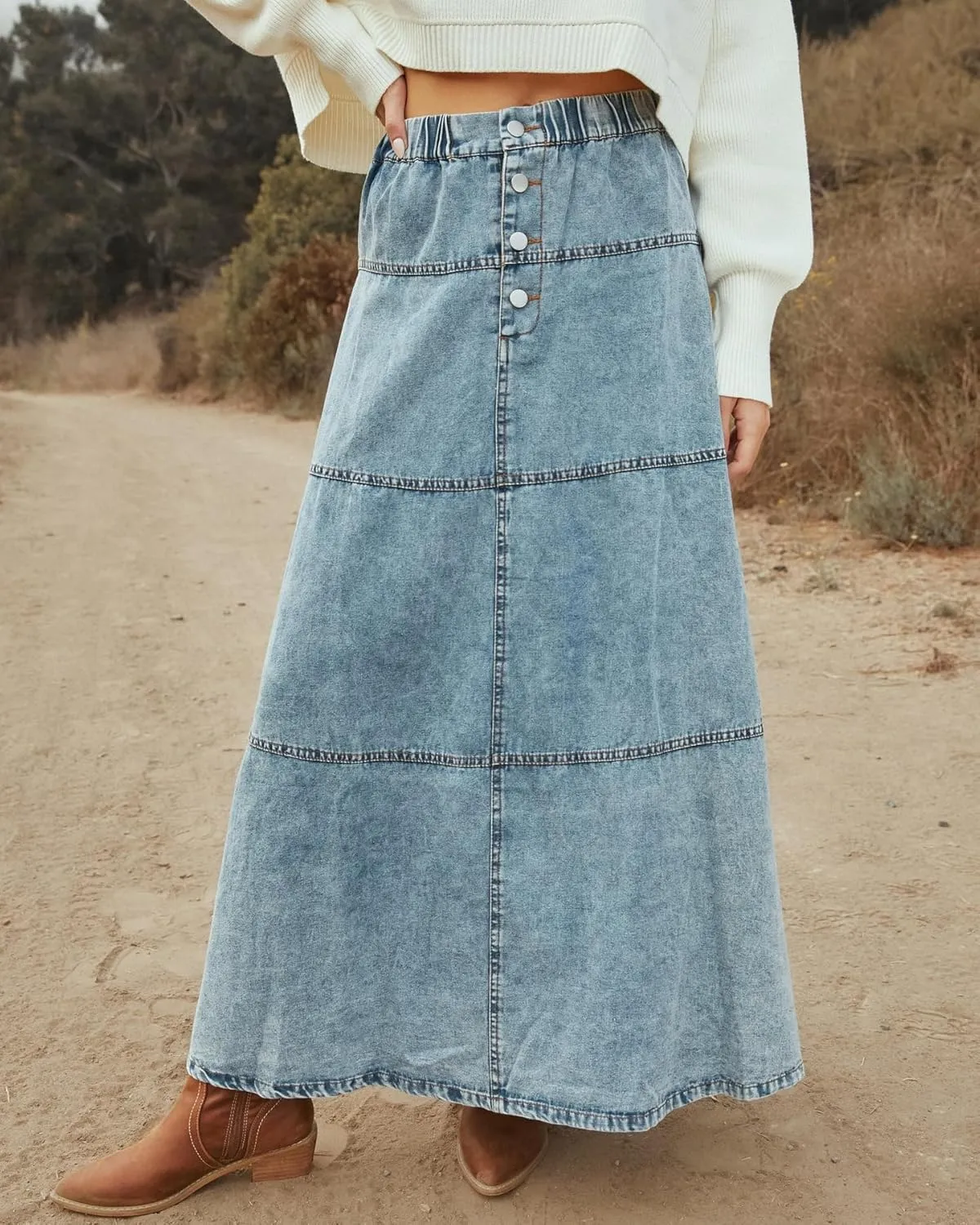ZOCAVIA Women's Denim Maxi Skirts Elastic High Waist Button Down Jean Skirt Pleated Tiered A-Line Long Skirts Western Skirts