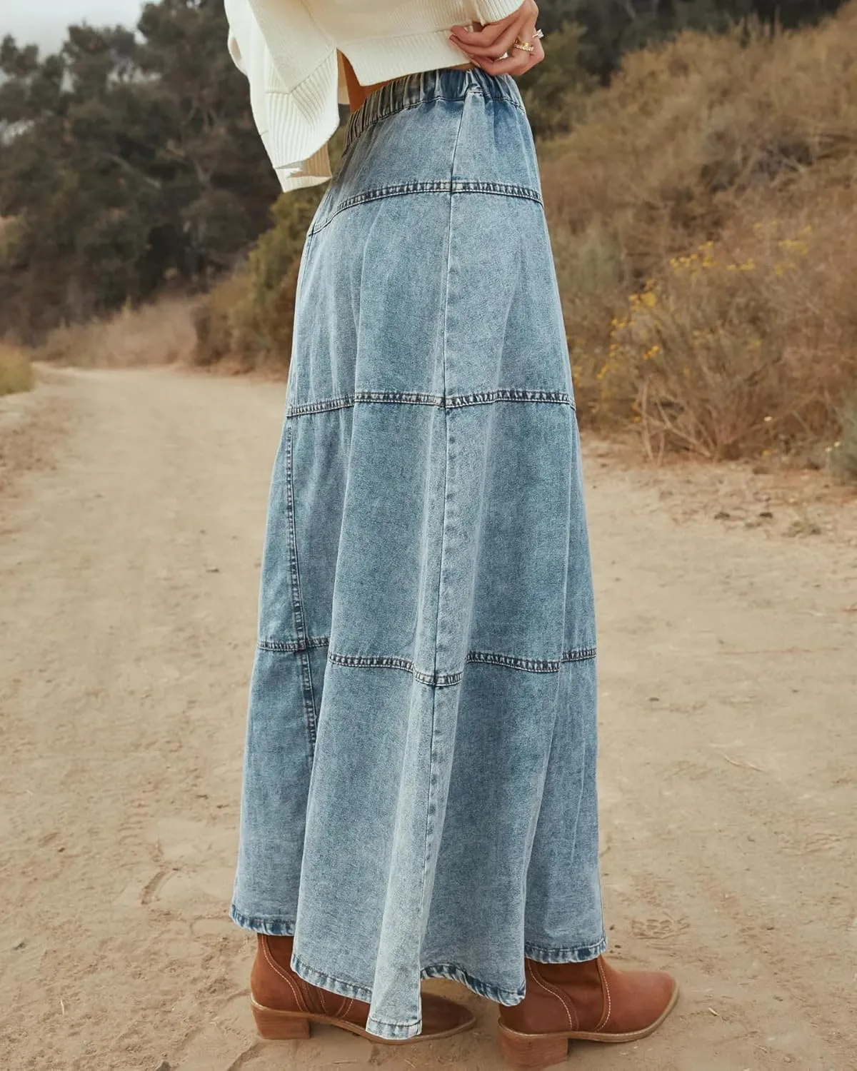 ZOCAVIA Women's Denim Maxi Skirts Elastic High Waist Button Down Jean Skirt Pleated Tiered A-Line Long Skirts Western Skirts