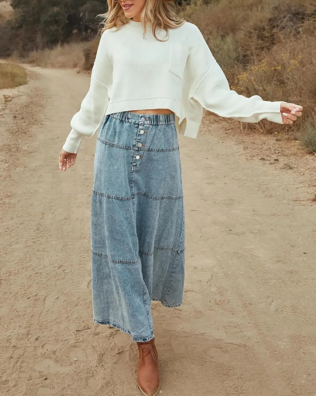 ZOCAVIA Women's Denim Maxi Skirts Elastic High Waist Button Down Jean Skirt Pleated Tiered A-Line Long Skirts Western Skirts