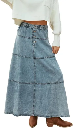 ZOCAVIA Women's Denim Maxi Skirts Elastic High Waist Button Down Jean Skirt Pleated Tiered A-Line Long Skirts Western Skirts